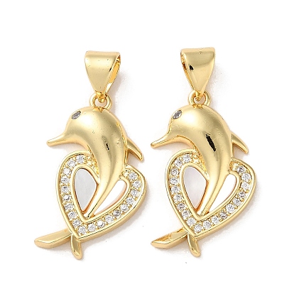 Brass Micro Pave Clear Cubic Zirconia Pendants, Cadmium Free & Lead Free, with Shell, Real 18K Gold Plated, Heart
