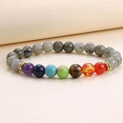 Natural & Synthetic Mixed Gemstone Round Beaded Stretch Bracelet, Chakra Theme Jewelry for Women