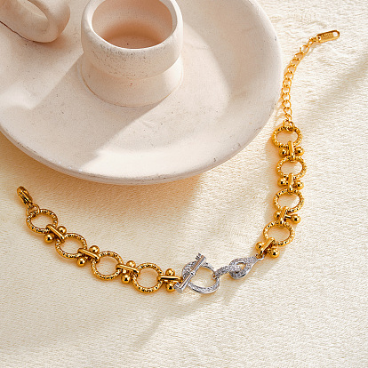304 Stainless Steel Textured Ring Link Bracelets with Brass Crystal Rhinestone OT Clasps for Women