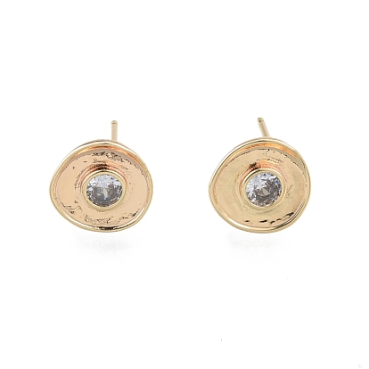 Brass Clear Cubic Zirconia Stud Earring Findings, with Vertical Loops, Flat Round
