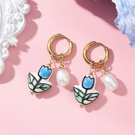Подвески ручной работы из фарфора и натурального культивированного пресноводного жемчуга ко Дню святого Валентина., цветок