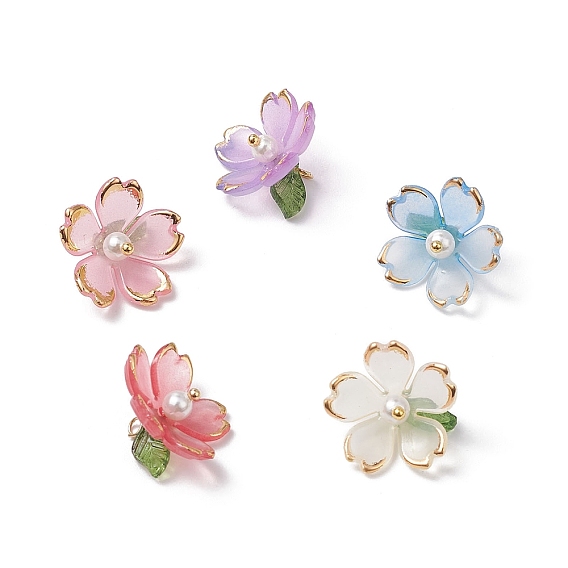 Подвески из акриловых цветов, с латунными штифтами с шарообразными головками и бусиной из ракушки