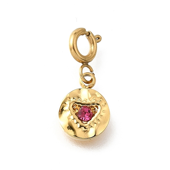 Плоская круглая подвеска с сердцем 304 из нержавеющей стали со стразами, с застежками пружинного кольца, ионное покрытие (ip)