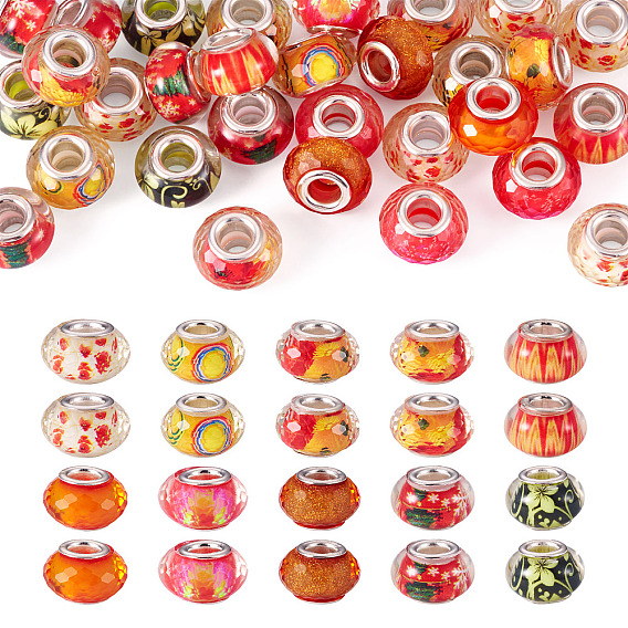 30шт. напечатанных прозрачных европейских бусин из смолы, бусины с большим отверстием, рондель с латунными сердечниками, покрытыми серебром, и блестящей пудрой