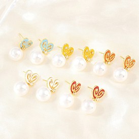 Серьги-гвоздики из латуни с прозрачными кубическими циркониями ко Дню святого Валентина, с абс пластиком имитация жемчуга и эмали, без кадмия и без свинца, долговечный, стойки покрытие, реальный 18 k позолоченный