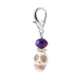 Halloween Synthetic Magnesite Skull Pendants Decorations, with Electroplate Transparent Glass Beads, Lobster Clasp Charms, for Keychain, Purse, Backpack Ornament