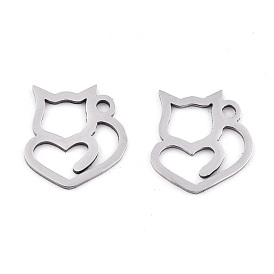 201 Stainless Steel Charms, Laser Cut, Cat with Heart