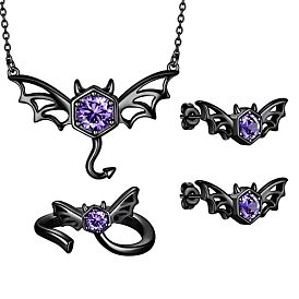 Angel Devil Wings Necklace Earrings Ring Set with Diamond - Gothic Style, Couple Gift, Pendant, Collarbone Chain.