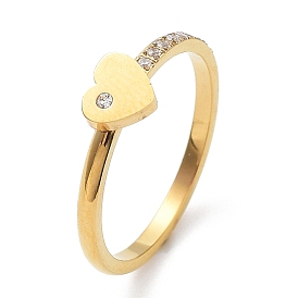 Ion Plating(IP) 304 Stainless Steel Heart Finger Ring with Cubic Zirconia