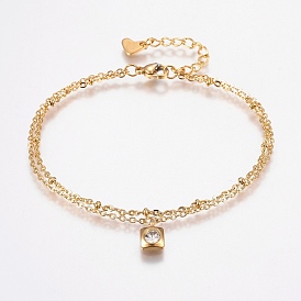 304 Stainless Steel Cable Chain Bracelets, Multi-strand Bracelets, with Rhinestone, Lobster Claw Clasps, Square, Golden