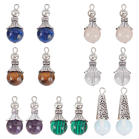 14Pcs 7 Style Gemstone Pendants, with Alloy Findings, Antique Silver, Snowcone