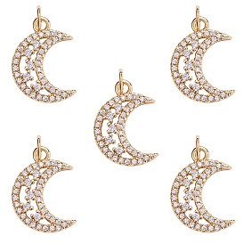 Brass Micro Pave Clear Cubic Zirconia Pendants, Long-Lasting Plated, Moon