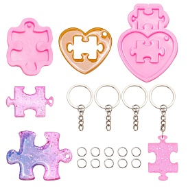 Gorgecraft DIY Keychain Silicone Molds Kits, with Puzzle Silicone Pendant Molds, Iron Keychain Clasp Findings & Open Jump Rings