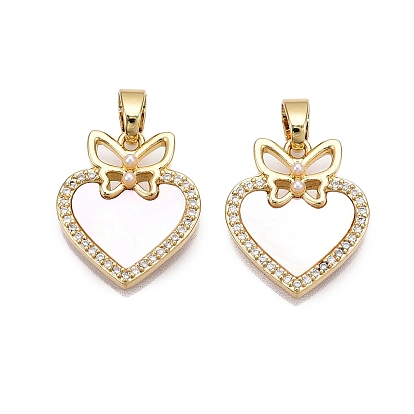 Латунные микропаве прозрачные подвески с фианитом, без кадмия и без свинца, с ракушкой и имитацией жемчуга из АБС, подвески в виде сердца и бабочки