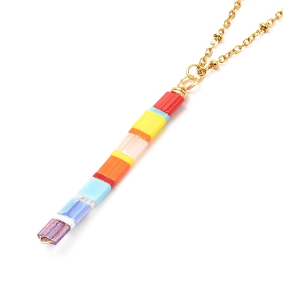Vertical Bar Japanese Seed Beads Pendant Necklace for Girl Women, Golden