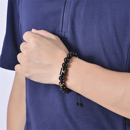 Natural Black Agate Beaded Bracelet Adjustable Women's Handmade Alphabet Stone Strand Jewelry