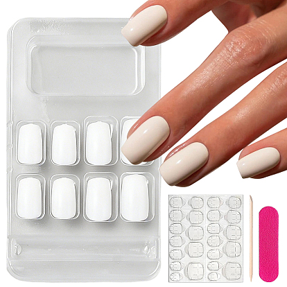 Faux ongles en plastique à couverture intégrale à coller, manucure détachable nail art, avec lime à ongles et rubans adhésifs, 1Bâtonnet de manucure en bois