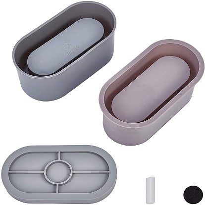 DIY Concrete Silicone Molds, Flower Pots and Teacup Cement Tray Track Silicone Molds, for Ceramic Craft Casting, Oval, with Plastic Sticks and Non-slip Flower Pot Stickers