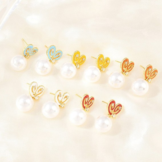 Серьги-гвоздики из латуни с прозрачными кубическими циркониями ко Дню святого Валентина, с абс пластиком имитация жемчуга и эмали, без кадмия и без свинца, долговечный, стойки покрытие, реальный 18 k позолоченный