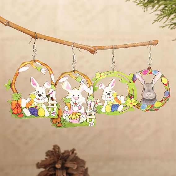 Пасхальные деревянные серьги-подвески, кролик, платина