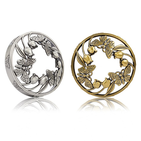 Zinc Alloy Candle Lids, Candle Toppers, Jar Candle Accessories, Flat Round with Butterfly and Flower Pattern, Cadmium Free & Lead Free