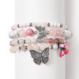 Gemstone Beaded Stretch Bracelets Sets, Alloy Butterfly Charms Bracelets for Women