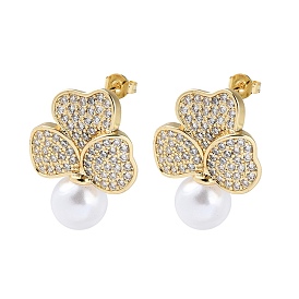 Brass Pave Clear Cubic Zirconia Stud Earrings, with ABS Plastic Imitation Pearl Beads, Clover