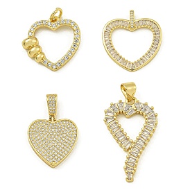 Rack Plating Brass Pave Cubic Zirconia Pendants, Lead Free & Cadmium Free, Real 18K Gold Plated, Heart