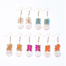 Болтаются серьги, кластерные серьги, с гранеными стеклянными шариками, натуральные пресноводные раковины и серьги из латуни, форма морского гребешка