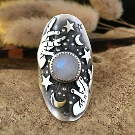 Moonstone Wide Band Rings, with Alloy Rhinestone Findings, Oval