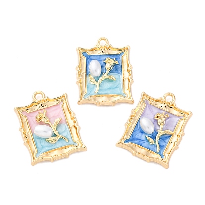 Подвески из эмали и сплава, с ABS имитации жемчуга, без кадмия, без никеля и без свинца, стойки покрытие, прямоугольник с цветочной подвеской, золотые