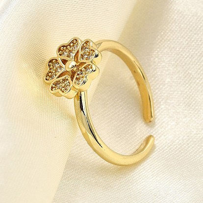 Латунные кольца-манжеты с микропаве и прозрачным цирконием для женщин, без кадмия, без никеля и без свинца, цветок в форме сердца