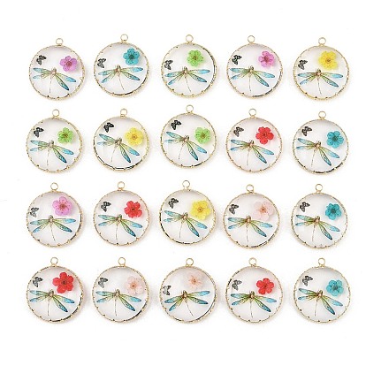 Brass Glass Pendants, Flat Round with Dragonfly & Butterfly Charms, with Dried Flower