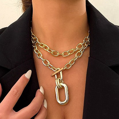 2Pcs 2 Styles Golden Aluminum Pendant Necklaces Set, Oval Link Chains Necklaces