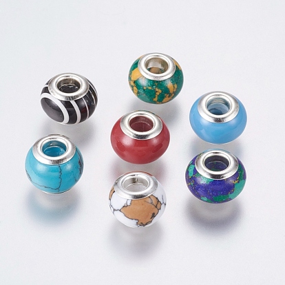 Perles Européennes turquoises synthétiques, Perles avec un grand trou   , avec les accessoires en laiton, rondelle, couleur argent plaqué