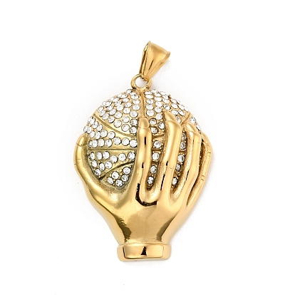 Ion Plating(IP) 
304 Stainless Steel Pendants, with Rhinestone, Hand with Ball
