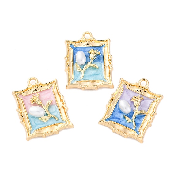 Подвески из эмали и сплава, с ABS имитации жемчуга, без кадмия, без никеля и без свинца, стойки покрытие, прямоугольник с цветочной подвеской, золотые