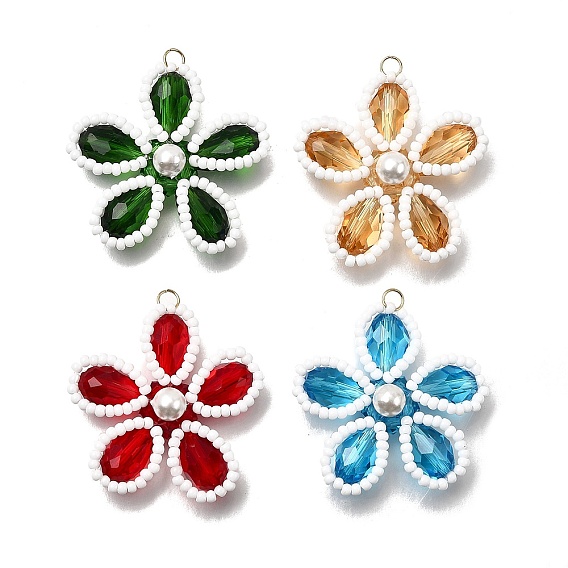 4 шт 4 цвета стеклянные подвески, цветочный шарм, с 304 соединительными кольцами из нержавеющей стали и круглыми бусинами из ракушек, граненые