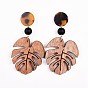 Wooden Dangle Earrings, with Cellulose Acetate(Resin), Synthetic Black Stone Beads, and 304 Stainless Steel Stud Earring Findings, Leaf