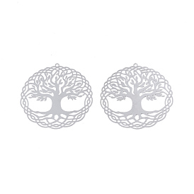 201 Stainless Steel Pendants, Etched Metal Embellishments, Flat Round with Tree of Life