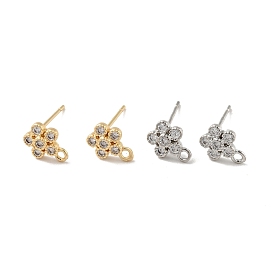 Flower Rack Plating Brass Micro Pave Cubic Zirconia Stud Earring Findings, with 925 Sliver Plating Pins and Horizontal Loop, Long-Lasting Plated, Cadmium Free & Lead Free