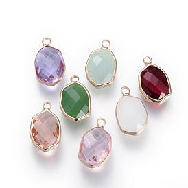 Glass Pendants, with Brass Findings, Faceted, Oval