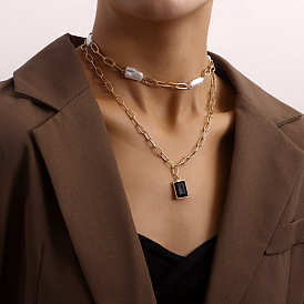 Fashionable Double-layered Asymmetrical Pearl and Bamboo Chain Necklace with Black Zircon Pendant for Women in Punk Style