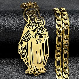 304 Stainless Steel Hollow Virgin Mary & Baby Pendant Figaro Chain Necklaces