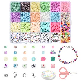 DIY Heishi Bracelet Necklace Making Kit, Including Glass Seed & Polymer Clay Disc & Acrylic Number Beads, Scissors, Elastic Thread