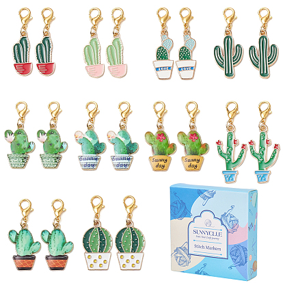 20 шт 10 стили кактус сплав эмаль подвеска украшения, Подвески с застежками-когтями омара для украшения сумок, с 1кольцами-подвесками из латуни для бокалов из поликарбоната