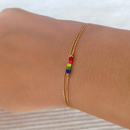 Браслеты из разноцветных стеклянных бусин, двухслойные, с латунными цепочками, для женщин, элегантные украшения.