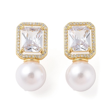 Серьги-гвоздики из латуни с микро-паве из прозрачного кубического циркония для женщин, с пластмассовой жемчужиной abs, без кадмия и без свинца, долговечный, прямоугольные