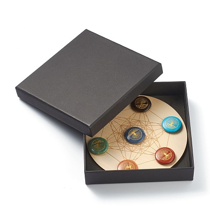 Kit débutant chakra, pierres de guérison, avec plaque en bois naturel, cadeaux spirituels pour les femmes, plat et circulaire avec arbre de vie