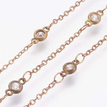 Handmade Brass Cubic Zirconia Chains, Soldered, Long-Lasting Plated